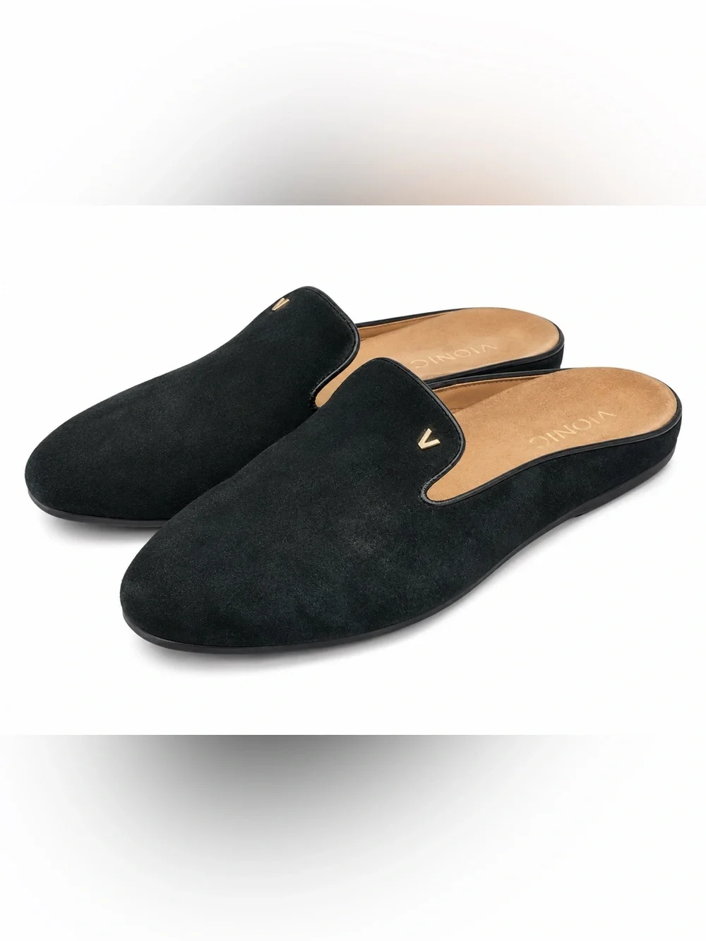 Vionic Carnegie Black Suede Mule Loafer 8.5 Quiet Luxury Minimalist Comfort Flat